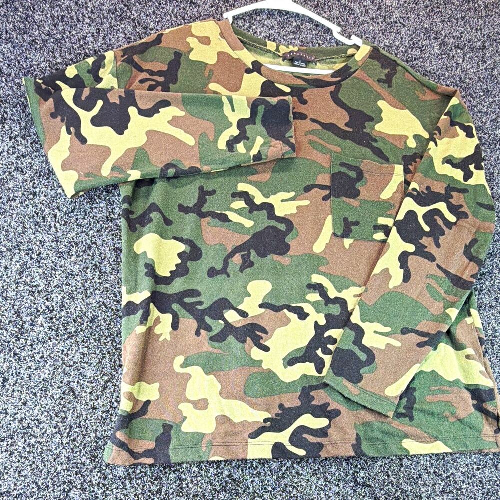 Sanctuary Women's Camo Knit Pullover Top Crew Neck Long Sleeve Polyester L